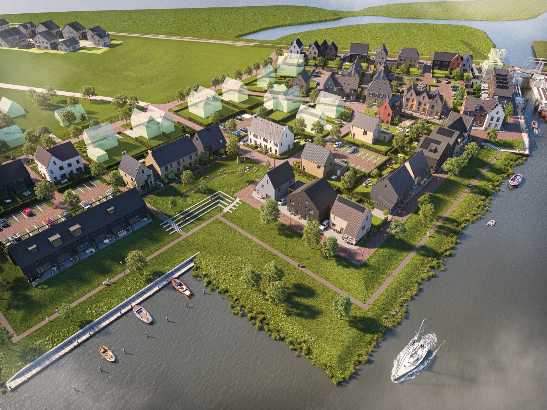 Luchtbeeld van de Sluiskade met de huizen langs het water